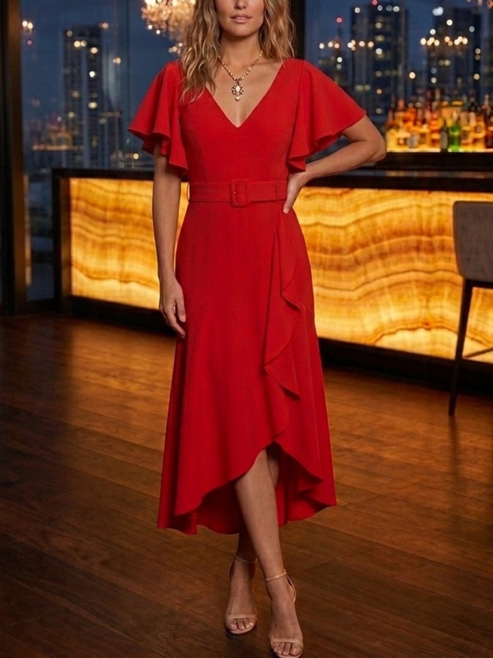 Badgley Mishka Red Flutter Sleeve
Belted Dress